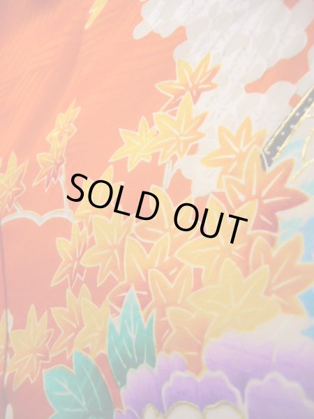 画像20: J1104S  子供用 女性用着物  シルク(正絹) 薄い  オレンジ, ぼたん 【中古】 【USED】 【リサイクル】 ★★★☆☆ (20)