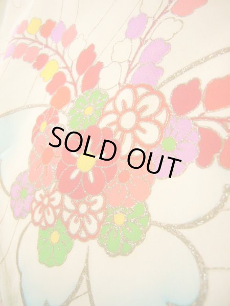 画像14: J1104U  子供用 女性用着物  シルク(正絹)   オフ ホワイト, 花 【中古】 【USED】 【リサイクル】 ★★☆☆☆ (14)