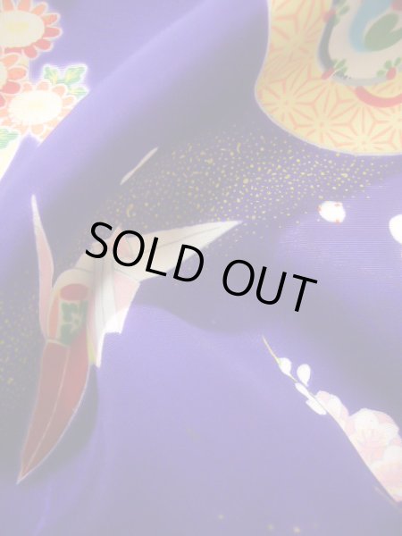 画像15: J1104V  子供用 女性用着物 折り鶴、風車、杜若柄 化繊 深い  青, 花 【中古】 【USED】 【リサイクル】 ★★☆☆☆ (15)