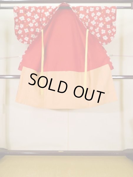 画像2: J1104X  子供用 女性用着物 J1104Yとセット シルク(正絹)   赤, 花 【中古】 【USED】 【リサイクル】 ★★☆☆☆ (2)