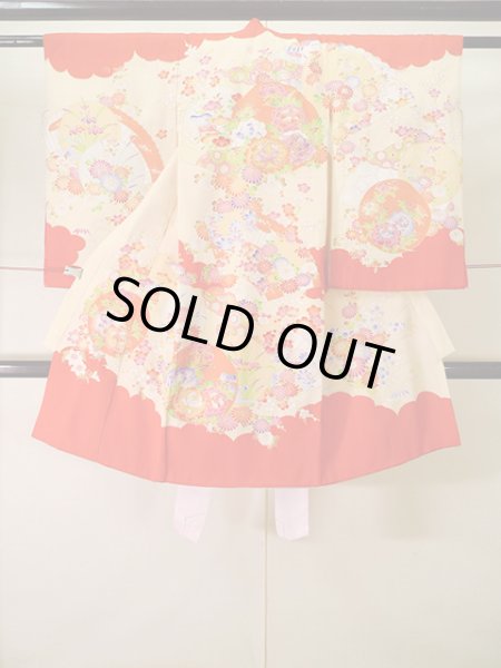 画像2: J1111K Mint  子供用 女性用着物 手描き友禅 化繊 淡い 薄い クリーム, ぼたん 【中古】 【USED】 【リサイクル】 ★★★★☆ (2)
