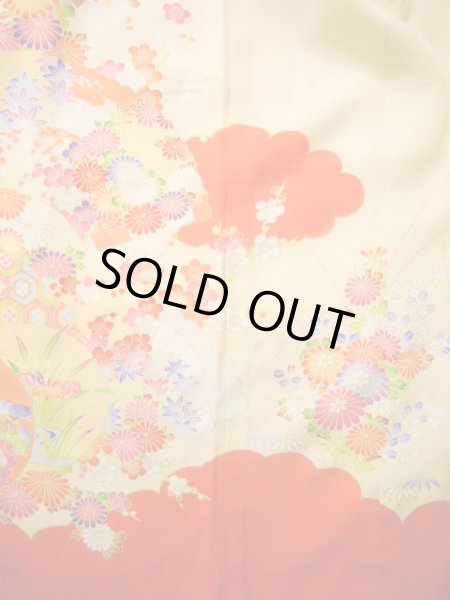 画像7: J1111K Mint  子供用 女性用着物 手描き友禅 化繊 淡い 薄い クリーム, ぼたん 【中古】 【USED】 【リサイクル】 ★★★★☆ (7)