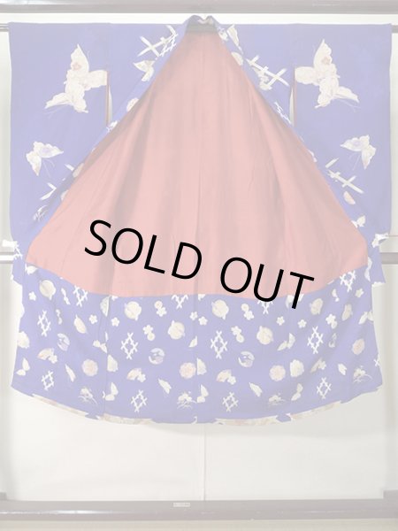 画像2: J1111N  子供用 女性用着物  シルク（正絹） 深い  青, 菊 【中古】 【USED】 【リサイクル】 ★★★☆☆ (2)