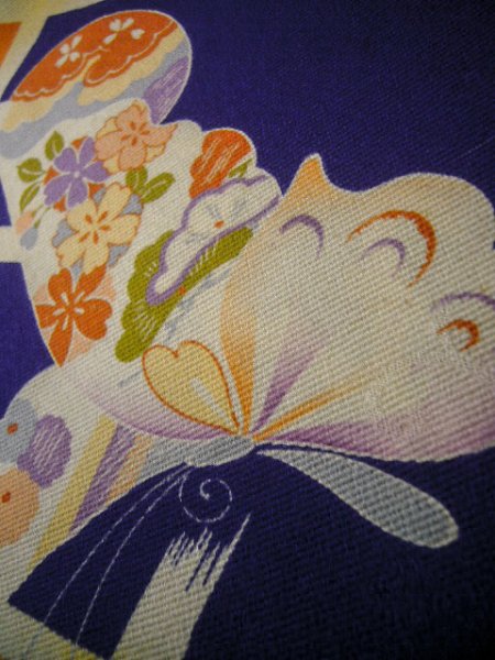 画像13: J1111N  子供用 女性用着物  シルク(正絹) 深い  青, 菊 【中古】 【USED】 【リサイクル】 ★★★☆☆ (13)