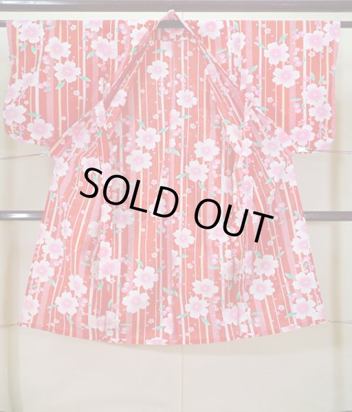 画像2: J1126N  子供用 女性用着物 浴衣、さくらんぼ柄 綿   赤, 縞 【中古】 【USED】 【リサイクル】 ★★★☆☆ (2)