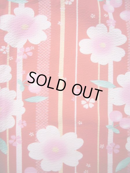 画像3: J1126N  子供用 女性用着物 浴衣、さくらんぼ柄 綿   赤, 縞 【中古】 【USED】 【リサイクル】 ★★★☆☆ (3)