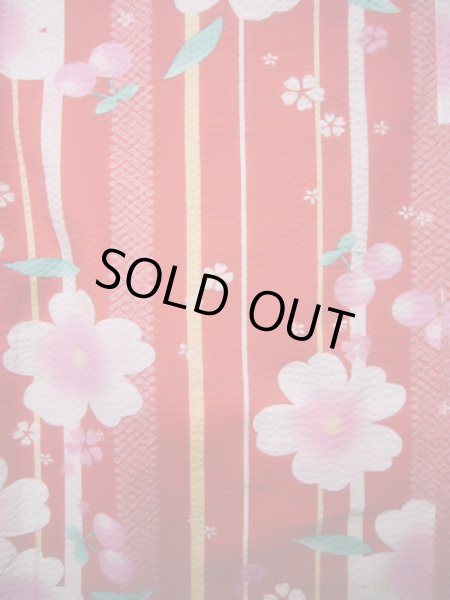 画像4: J1126N  子供用 女性用着物 浴衣、さくらんぼ柄 綿   赤, 縞 【中古】 【USED】 【リサイクル】 ★★★☆☆ (4)