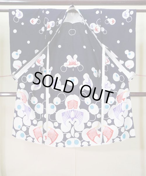 画像2: J1126S  子供用 女性用着物 浴衣、魚柄 綿   藍, 丸 【中古】 【USED】 【リサイクル】 ★★★☆☆ (2)