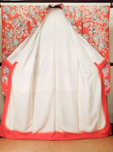 画像4: J1223C  振袖 女性用着物  シルク(正絹)   オレンジ, ぼたん 【中古】 【USED】 【リサイクル】 ★★★☆☆ (4)