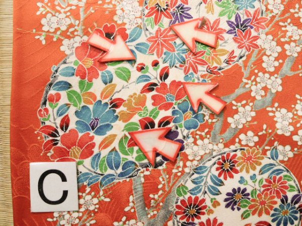 画像22: J1223C  振袖 女性用着物  シルク(正絹)   オレンジ, ぼたん 【中古】 【USED】 【リサイクル】 ★★★☆☆ (22)