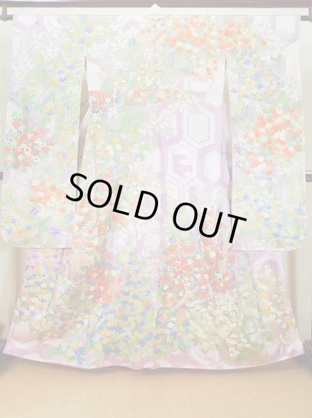 画像2: J1223I  振袖 女性用着物  シルク(正絹) 薄い  藤, 花 【中古】 【USED】 【リサイクル】 ★★★★☆ (2)