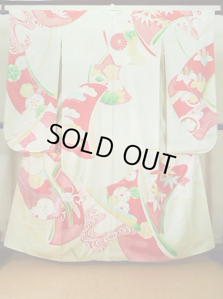 画像2: J1223K  振袖 女性用着物 誰が袖 シルク(正絹) 淡い 薄い 水色, ぼたん 【中古】 【USED】 【リサイクル】 ★★☆☆☆ (2)