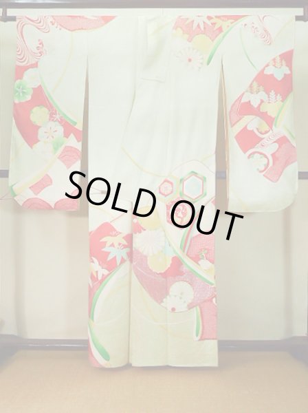 画像3: J1223K  振袖 女性用着物 誰が袖 シルク(正絹) 淡い 薄い 水色, ぼたん 【中古】 【USED】 【リサイクル】 ★★☆☆☆ (3)