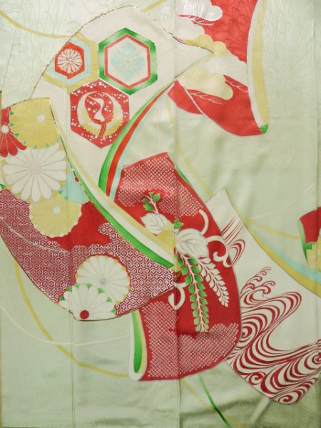 画像5: J1223K  振袖 女性用着物 誰が袖 シルク（正絹） 淡い 薄い 水色, ぼたん 【中古】 【USED】 【リサイクル】 ★★☆☆☆ (5)