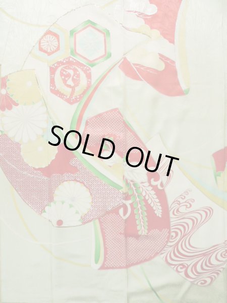 画像5: J1223K  振袖 女性用着物 誰が袖 シルク(正絹) 淡い 薄い 水色, ぼたん 【中古】 【USED】 【リサイクル】 ★★☆☆☆ (5)