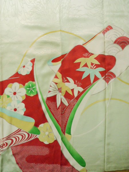 画像6: J1223K  振袖 女性用着物 誰が袖 シルク（正絹） 淡い 薄い 水色, ぼたん 【中古】 【USED】 【リサイクル】 ★★☆☆☆ (6)