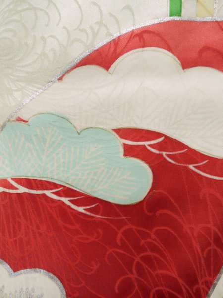 画像8: J1223K  振袖 女性用着物 誰が袖 シルク（正絹） 淡い 薄い 水色, ぼたん 【中古】 【USED】 【リサイクル】 ★★☆☆☆ (8)