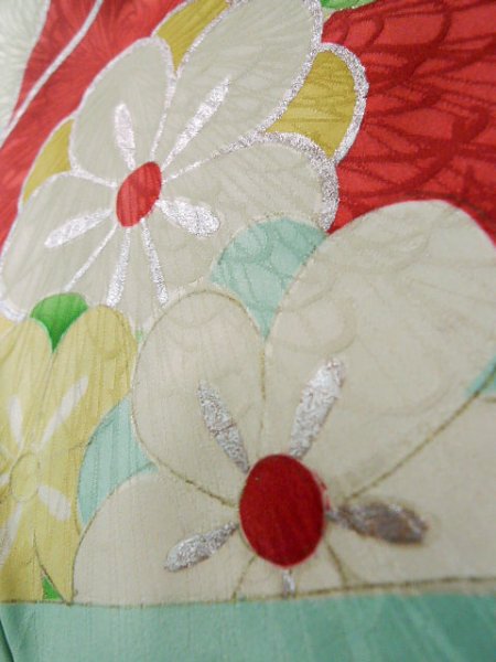 画像14: J1223K  振袖 女性用着物 誰が袖 シルク（正絹） 淡い 薄い 水色, ぼたん 【中古】 【USED】 【リサイクル】 ★★☆☆☆ (14)