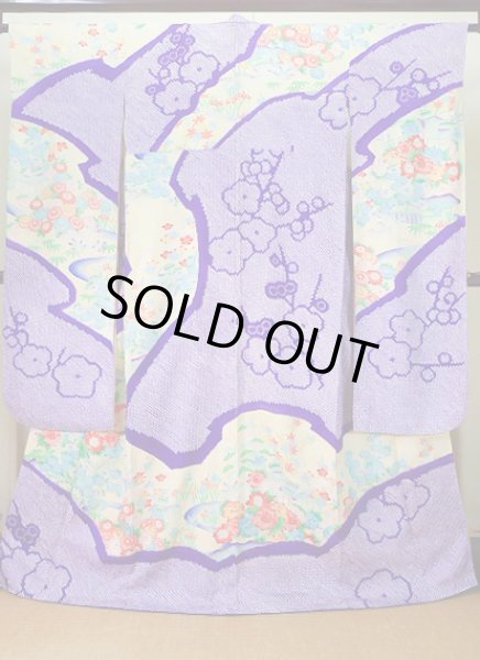 画像2: J1223M  振袖 女性用着物 水仙 シルク(正絹) 淡い 薄い イエロー(黄色), 花 【中古】 【USED】 【リサイクル】 ★★★☆☆ (2)