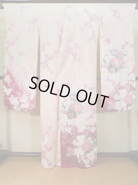 画像3: J1223R Mint  振袖 女性用着物 水仙、花車 シルク(正絹) 淡い 薄い ピンク, 花 【中古】 【USED】 【リサイクル】 ★★★★☆ (3)