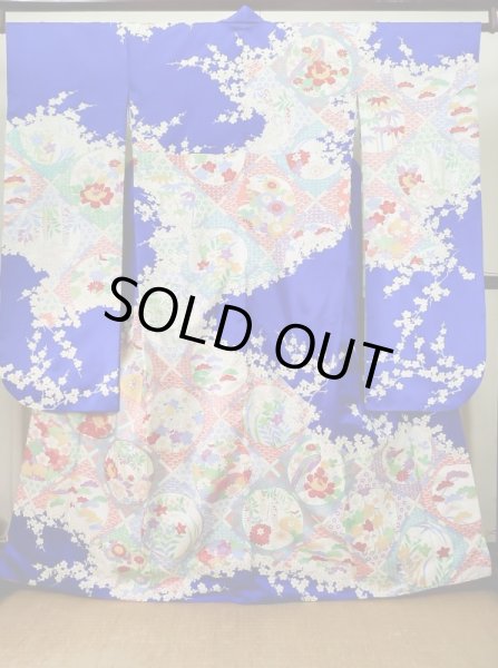 画像2: J1225D  振袖 女性用着物  化繊 深い  青, ぼたん 【中古】 【USED】 【リサイクル】 ★★★★☆ (2)