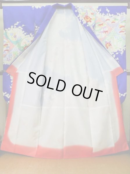 画像4: J1225D  振袖 女性用着物  化繊 深い  青, ぼたん 【中古】 【USED】 【リサイクル】 ★★★★☆ (4)