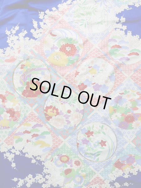 画像5: J1225D  振袖 女性用着物  化繊 深い  青, ぼたん 【中古】 【USED】 【リサイクル】 ★★★★☆ (5)