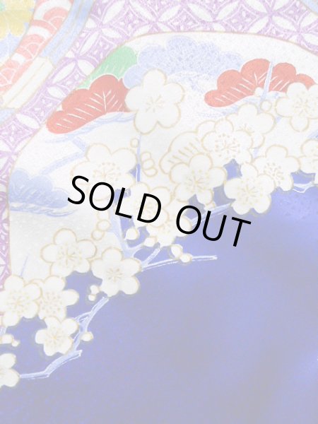 画像9: J1225D  振袖 女性用着物  化繊 深い  青, ぼたん 【中古】 【USED】 【リサイクル】 ★★★★☆ (9)
