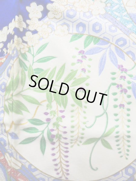 画像10: J1225D  振袖 女性用着物  化繊 深い  青, ぼたん 【中古】 【USED】 【リサイクル】 ★★★★☆ (10)