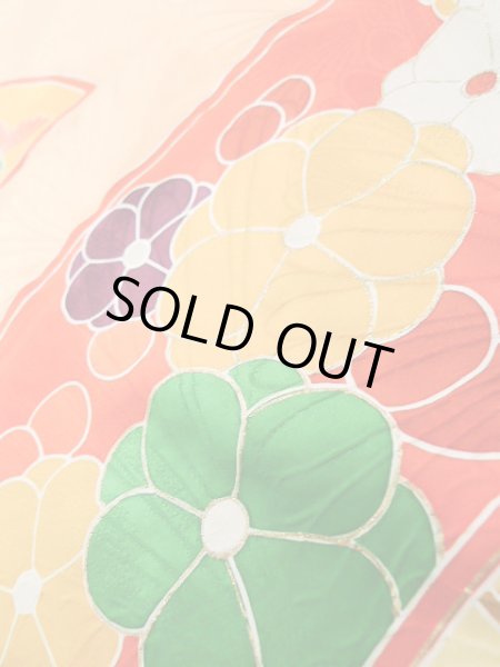 画像13: J1225H  振袖 女性用着物  シルク（正絹） 淡い  イエロー（黄色）, 菊 【中古】 【USED】 【リサイクル】 ★★★☆☆ (13)