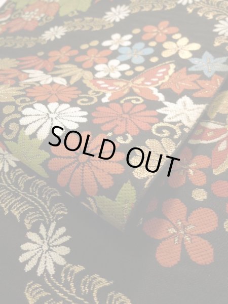 画像11: K0224L 袋帯  女性用着物 シルク(正絹)   黒 花   【中古】 【USED】 【リサイクル】 ★★★☆☆ (11)