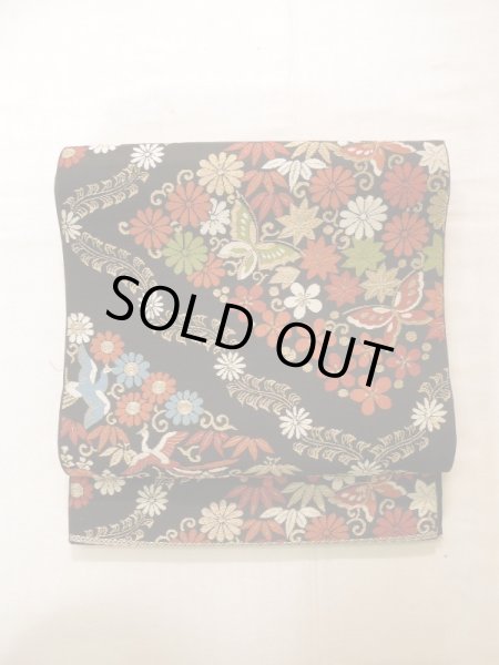 画像12: K0224L 袋帯  女性用着物 シルク(正絹)   黒 花   【中古】 【USED】 【リサイクル】 ★★★☆☆ (12)