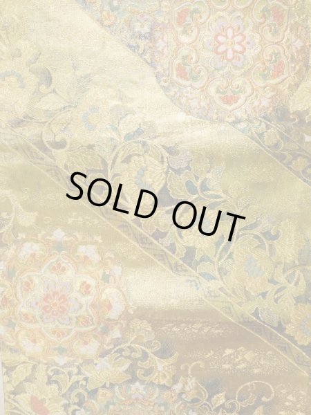 画像3: K0224Q 袋帯  女性用着物 シルク(正絹)   ゴールド(金) 花  , 花丸【中古】 【USED】 【リサイクル】 ★★★★☆ (3)