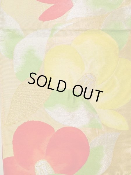 画像3: K0224R 袋帯  女性用着物 シルク（正絹）   ゴールド（金） 椿   【中古】 【USED】 【リサイクル】 ★★★☆☆ (3)