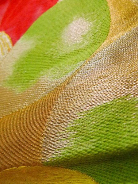 画像7: K0224R 袋帯  女性用着物 シルク(正絹)   ゴールド(金) 椿   【中古】 【USED】 【リサイクル】 ★★★☆☆ (7)