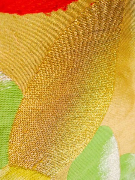 画像9: K0224R 袋帯  女性用着物 シルク(正絹)   ゴールド(金) 椿   【中古】 【USED】 【リサイクル】 ★★★☆☆ (9)