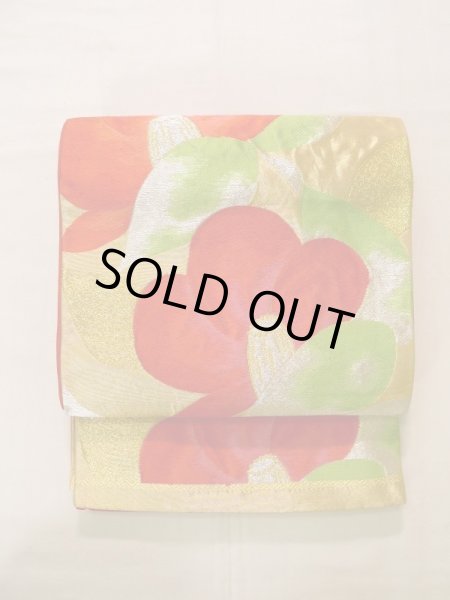 画像11: K0224R 袋帯  女性用着物 シルク（正絹）   ゴールド（金） 椿   【中古】 【USED】 【リサイクル】 ★★★☆☆ (11)