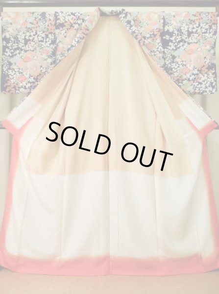 画像2: K0317R  小紋 女性用着物 花車 シルク（正絹）   藍, ぼたん 【中古】 【USED】 【リサイクル】 ★★★★☆ (2)