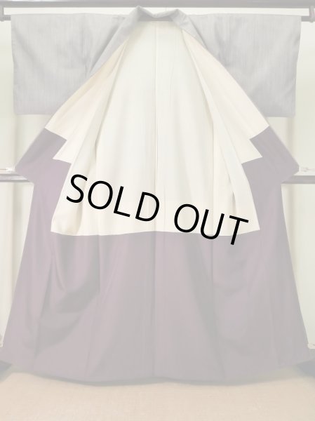 画像2: K0324V  紬 女性用着物  シルク（正絹） ヘザー（杢）  紫, 縞 【中古】 【USED】 【リサイクル】 ★★★☆☆ (2)