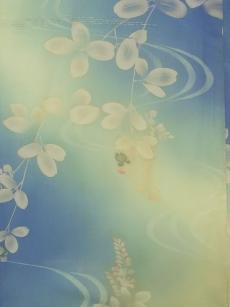 画像4: K0408D  夏物 女性用着物  シルク（正絹）   オフ　ホワイト, 葉 【中古】 【USED】 【リサイクル】 ★☆☆☆☆ (4)