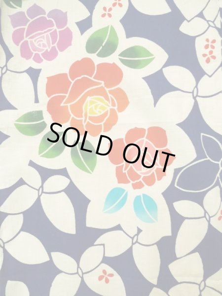 画像3: K0414C  注染浴衣 女性用着物 1960-1970年代 綿   藍, バラ 【中古】 【USED】 【リサイクル】 ★★☆☆☆ (3)