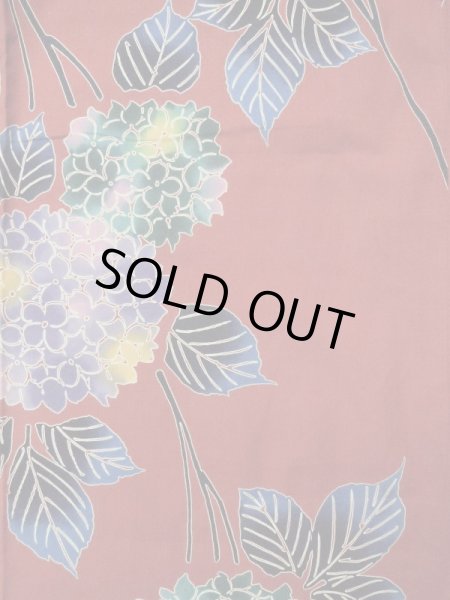 画像3: K0414J  注染浴衣 女性用着物 紫陽花 綿   赤,  【中古】 【USED】 【リサイクル】 ★★★★☆ (3)