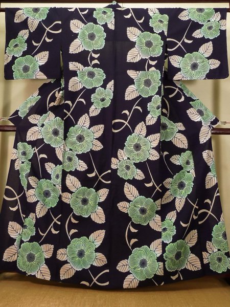 画像1: K0421B 女性用 注染浴衣   綿 藍,  花 【中古】【USED】【リサイクル】 ★★★☆☆【K0421B】 (1)