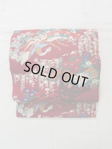 画像2: K0512R 名古屋帯 女性用着物 シルク(正絹)   赤 ぼたん 【中古】 【USED】 【リサイクル】 ★★★★☆ (2)