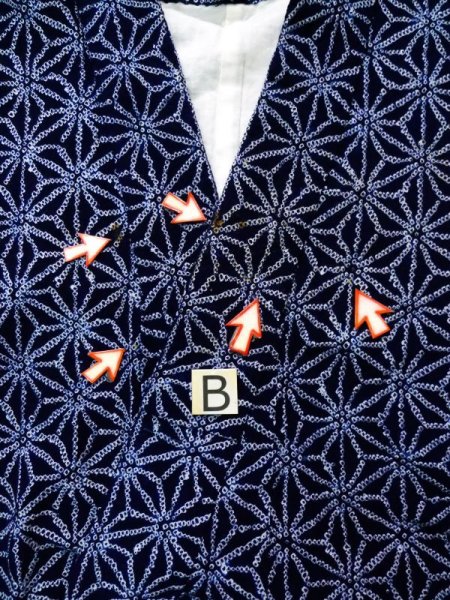 画像13: K0526B  浴衣(日本製) 女性用着物 有松絞り、1980-1990年代 綿   藍, 麻の葉 【中古】 【USED】 【リサイクル】 ★☆☆☆☆ (13)