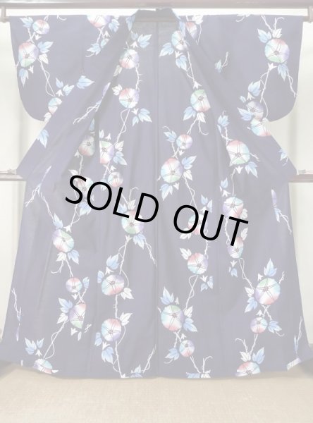 画像2: K0526P  注染浴衣 女性用着物 朝顔、1970-1980年代 綿麻   藍,  【中古】 【USED】 【リサイクル】 ★★☆☆☆ (2)