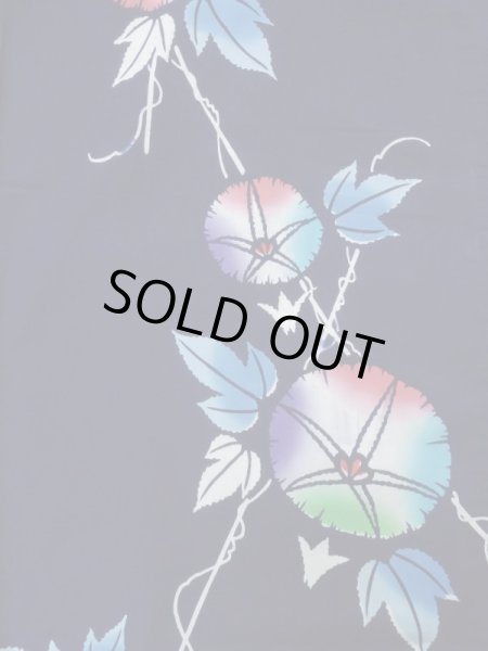 画像3: K0526P  注染浴衣 女性用着物 朝顔、1970-1980年代 綿麻   藍,  【中古】 【USED】 【リサイクル】 ★★☆☆☆ (3)