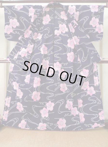 画像2: K0526R  注染浴衣 女性用着物 1970-1980年代 綿麻   藍, 菊 【中古】 【USED】 【リサイクル】 ★★★☆☆ (2)