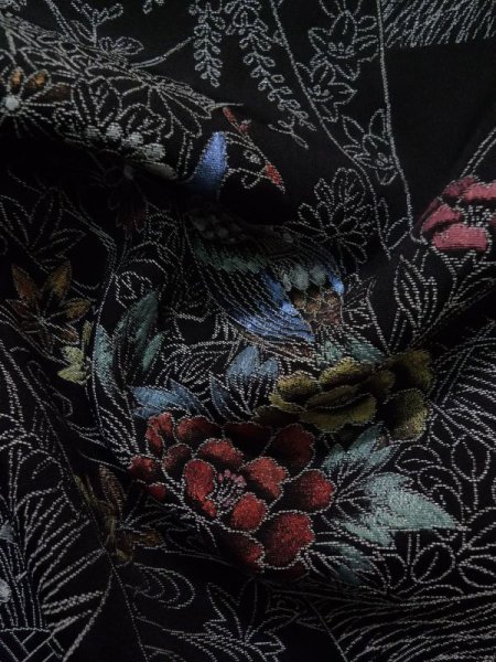 画像11: K0712B Mint  羽織 女性用着物 短冊 シルク(正絹)   黒, ぼたん 【中古】 【USED】 【リサイクル】 ★★★★☆ (11)