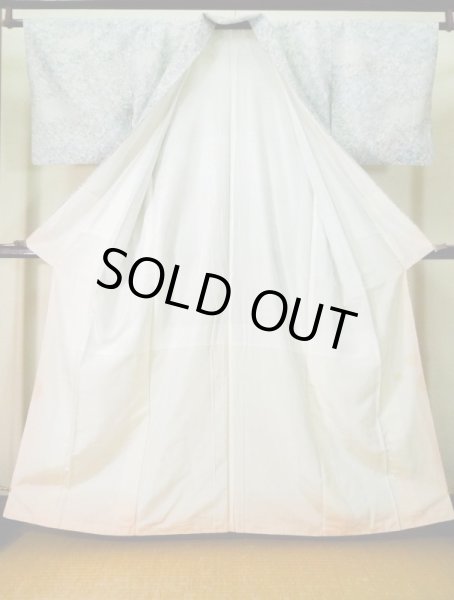 画像2: K0728M  小紋 女性用着物 更紗柄 化繊 薄い  水色, 唐花 【中古】 【USED】 【リサイクル】 ★★☆☆☆ (2)